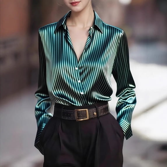 VJGBEGW Women's Satin Button Down Shirts V-Neck Long Sleeve Tops Striped Business Office Silky Blouses Fashion Spring Shirts Green 2XL