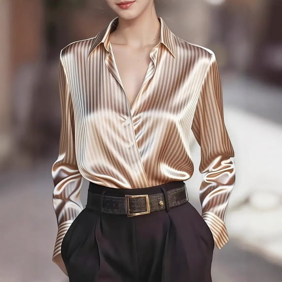 VJGBEGW Women's Satin Button Down Shirts V-Neck Long Sleeve Tops Striped Business Office Silky Blouses Fashion Spring Shirts Khaki L