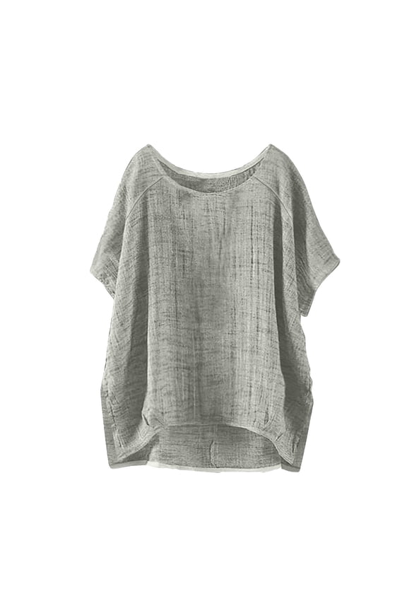 Women’s Solid Crew Neck Raglan Short Sleeve Cotton Linen Blouse, Loose Fit High Low Hem Casual Summer Plain Tops Grey 4XL