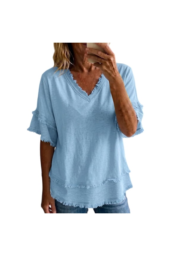 Women's Summer Boho Fringe V Neck Short Sleeve Loose Fit Casual Blouse,Trendy Distressed Hem Top for Work Business & Daily Wear Light Blue XL