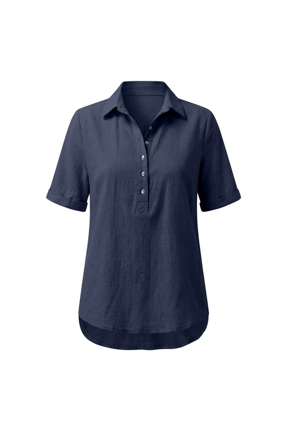 Women's Summer Short Sleeve Button Down Collared High-Low Shirt Rolled Cuff Casual Cotton Linen Tunic Blouse Navy M