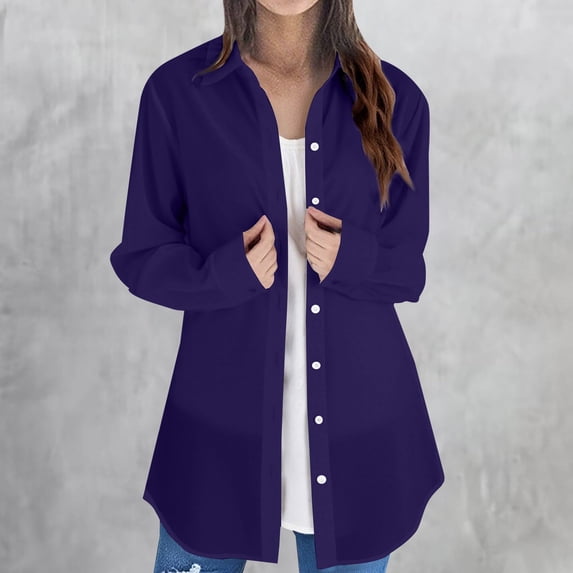 VJGBEGW Womens Button Down Shirts Long Sleeve Collared Flowy Long Dress Shirts Loose Fit Lightweight Work Office Business Blouses Blue M