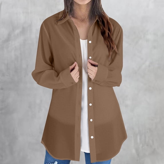 VJGBEGW Womens Button Down Shirts Long Sleeve Collared Flowy Long Dress Shirts Loose Fit Lightweight Work Office Business Blouses Brown XL