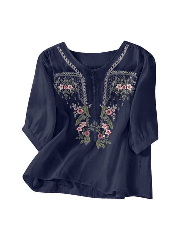 Womens Floral Embroidered Cotton Linen Tops Boho Ethnic Style Peasant Blouses 3/4 Dolman Sleeve V Neck Button Tunic Shirts Navy M