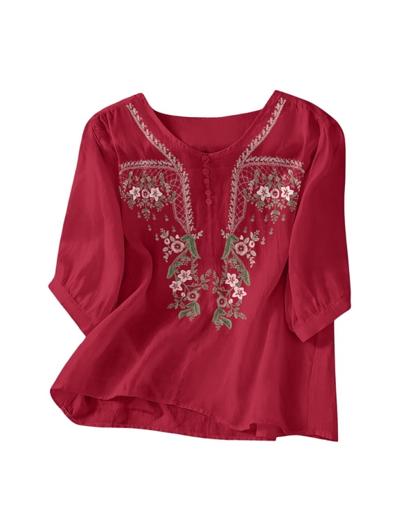 Womens Floral Embroidered Cotton Linen Tops Boho Ethnic Style Peasant Blouses 3/4 Dolman Sleeve V Neck Button Tunic Shirts Red M