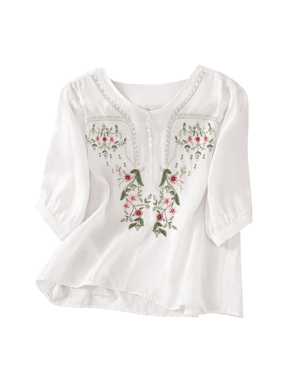 Womens Floral Embroidered Cotton Linen Tops Boho Ethnic Style Peasant Blouses 3/4 Dolman Sleeve V Neck Button Tunic Shirts White M