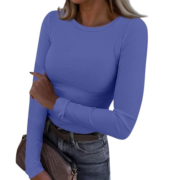 VJGBEGW Womens Long Sleeve Stretch Basic Tee Crewneck Ribbed T-Shirt Slim Fit Casual Basic Tops Blue 2XL