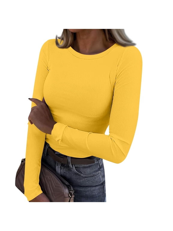 Womens Long Sleeve Stretch Basic Tee Crewneck Ribbed T-Shirt Slim Fit Casual Basic Tops Yellow M