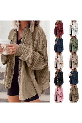 Womens Waffle Knit Shacket Oversized Button Down Shirt Jacket Lightweight Spring Outfits Clothes Beige L