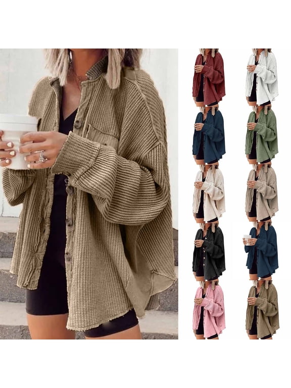 Womens Waffle Knit Shacket Oversized Button Down Shirt Jacket Lightweight Spring Outfits Clothes Beige L