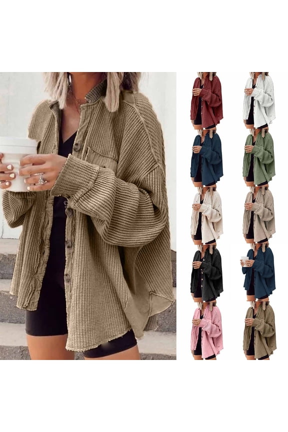 Womens Waffle Knit Shacket Oversized Button Down Shirt Jacket Lightweight Spring Outfits Clothes Beige L