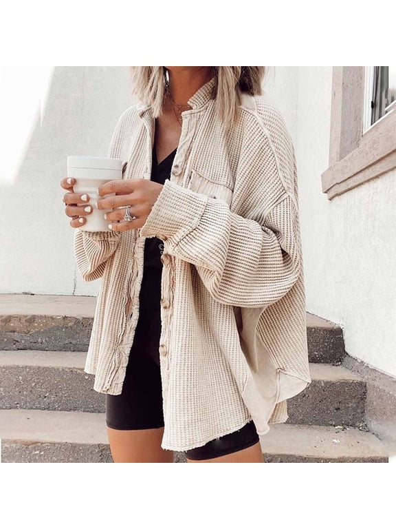 Womens Waffle Knit Shacket Oversized Button Down Shirt Jacket Lightweight Spring Outfits Clothes Beige XL