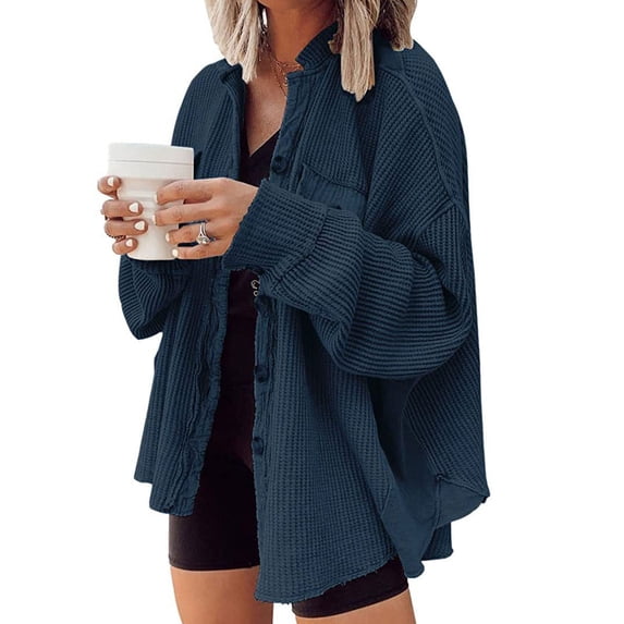 VJGBEGW Womens Waffle Knit Shacket Oversized Button Down Shirt Jacket Lightweight Spring Outfits Clothes Dark Blue M