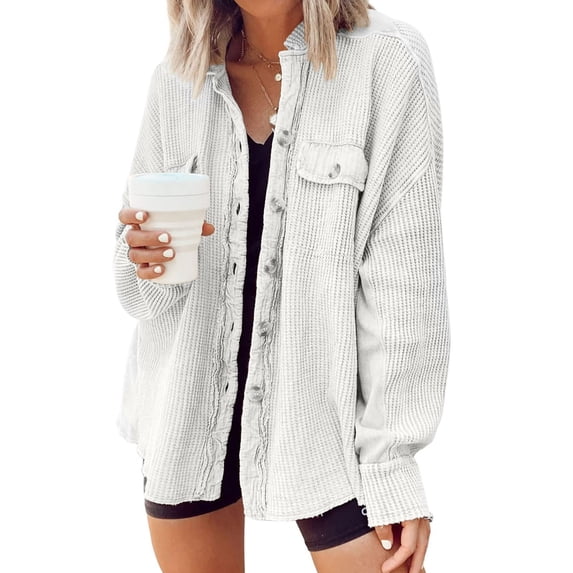 VJGBEGW Womens Waffle Knit Shacket Oversized Button Down Shirt Jacket Lightweight Spring Outfits Clothes White XL