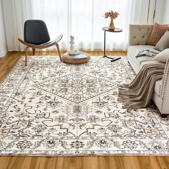 VK·LIVING Area Rugs Machine Washable Rug 8'x 10' Vintage Design Area Rugs with Non Slip for Living Room Bedroom Traditional Woven Carpet Stain Resistant, Home Decor Office Boho Rug