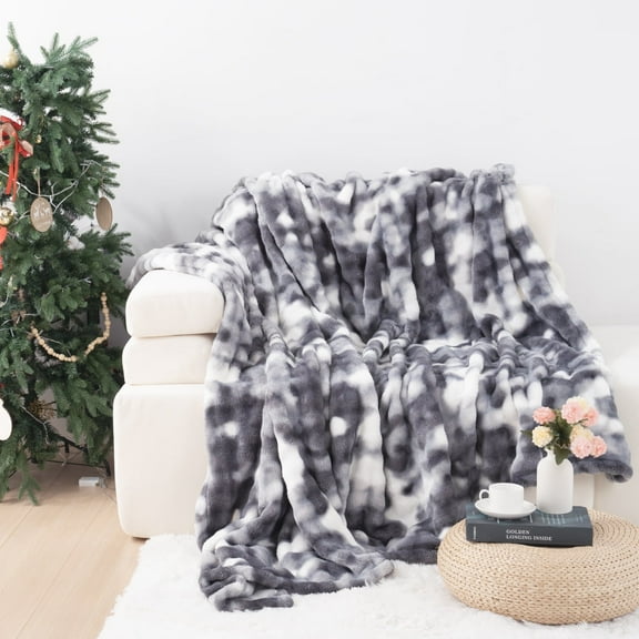 VK·LIVING Faux Rabbit Fur Reversible Throw Blanket,Super Soft 3D Striped Fuzzy Cozy Thick Ribbed Blankets,Tie-Dye Gray,108"x 90"