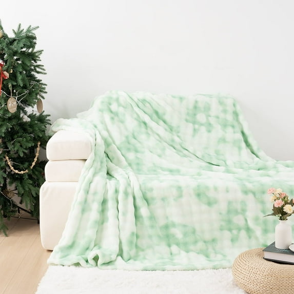 VK·LIVING Faux Rabbit Fur Reversible Throw Blanket,Super Soft 3D Striped Fuzzy Cozy Thick Ribbed Blankets,Tie-Dye Green,90"x 90"