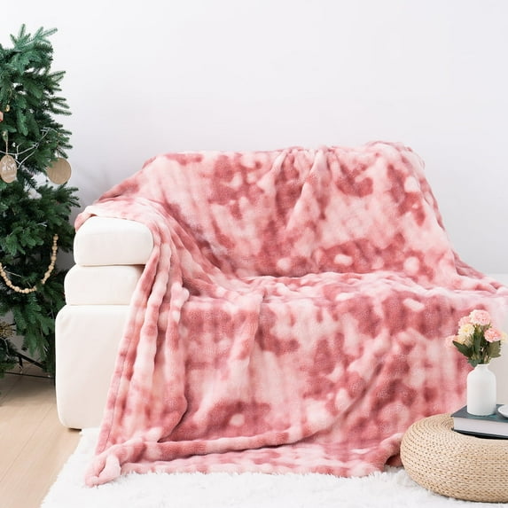 VK·LIVING Faux Rabbit Fur Reversible Throw Blanket,Super Soft 3D Striped Fuzzy Cozy Thick Ribbed Blankets,Tie-Dye Pink,108"x 90"