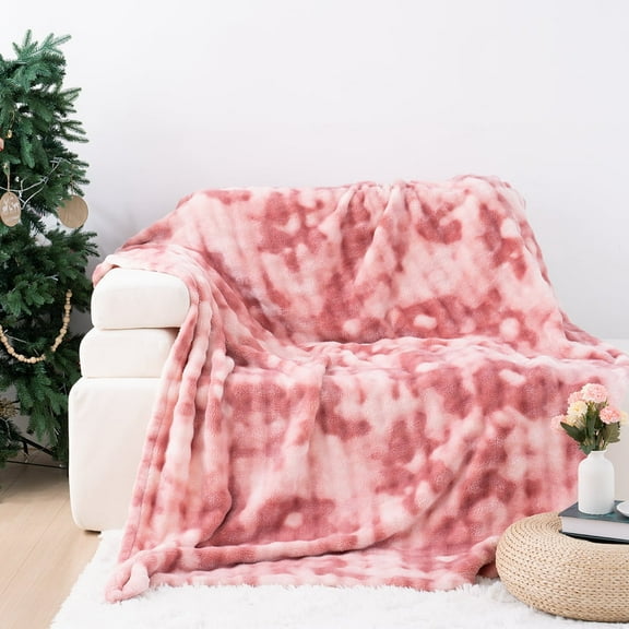 VK·LIVING Faux Rabbit Fur Reversible Throw Blanket,Super Soft 3D Striped Fuzzy Cozy Thick Ribbed Blankets,Tie-Dye Pink,90"x 90"