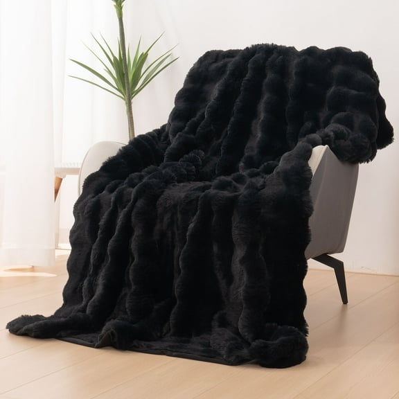 VK·LIVING Thick Ribbed Faux Rabbit Fur Cozy Reversible Throw Blanket,Super Soft 3D Striped Fuzzy Cozy Blankets,Black,90"x 90"