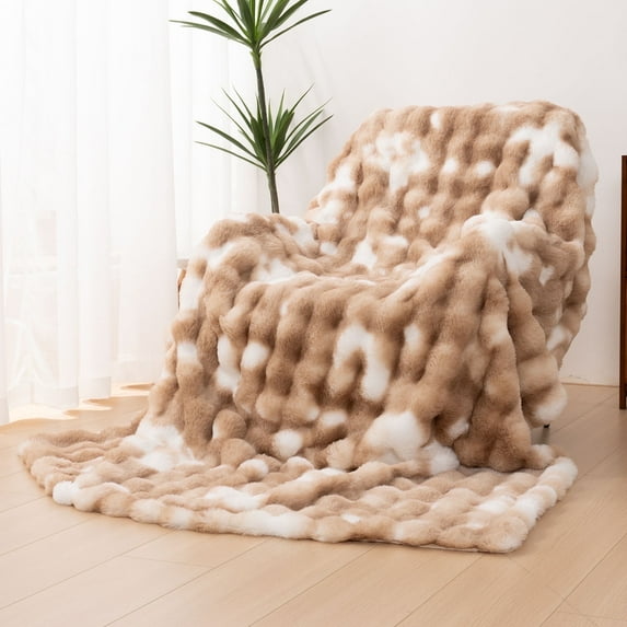VK·LIVING Thick Ribbed Faux Rabbit Fur Cozy Reversible Throw Blanket,Super Soft 3D Striped Fuzzy Cozy Blankets,Brown,60"x 80"