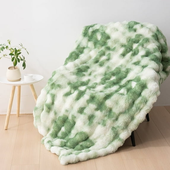VK·LIVING Thick Ribbed Faux Rabbit Fur Cozy Reversible Throw Blanket,Super Soft 3D Striped Fuzzy Cozy Blankets,Light Green,60"x 80"