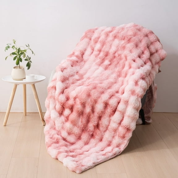 VK·LIVING Thick Ribbed Faux Rabbit Fur Cozy Reversible Throw Blanket,Super Soft 3D Striped Fuzzy Cozy Blankets,Light Pink,108"x 90"