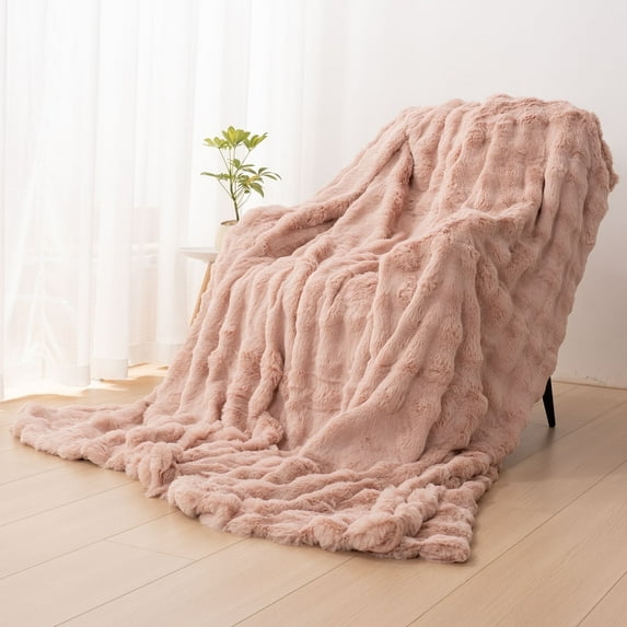 VK·LIVING Thick Ribbed Faux Rabbit Fur Cozy Reversible Throw Blanket,Super Soft 3D Striped Fuzzy Cozy Blankets,Pink,90"x 90"