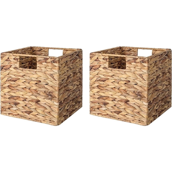VK.Living Storage Basket Foldable Handwoven Water Hyacinth Laundry Cube Organizer Baskets Set of 2,12x12
