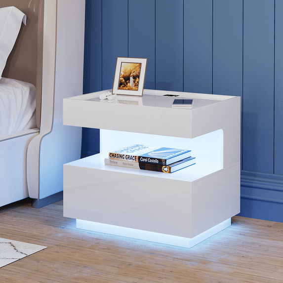 VKCC Modern LED Nightstand with Open Shelf, 2-Drawer Bedside Table with Charging Station, White