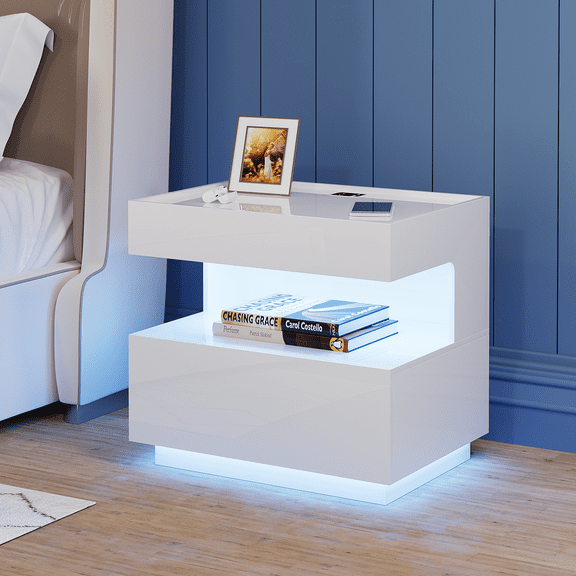 VKCC Modern LED Nightstand with Open Shelf, 2-Drawer Bedside Table with Charging Station, White