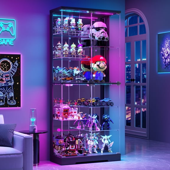 VKCC 10-Tier Glass Display Cabinet with RGB Light and Motion Sensor,71''H Lockable Curio Cabinet with Glass Doors,Display Case for Collectibles,Black