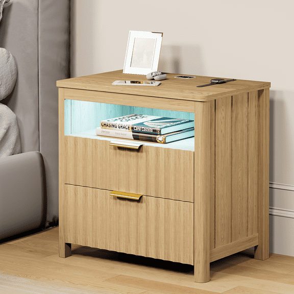 VKCC LED Nightstand with Hidden Drawer, 2-Drawer Modern Farmhouse Bedside Table with Charging Station, Wood