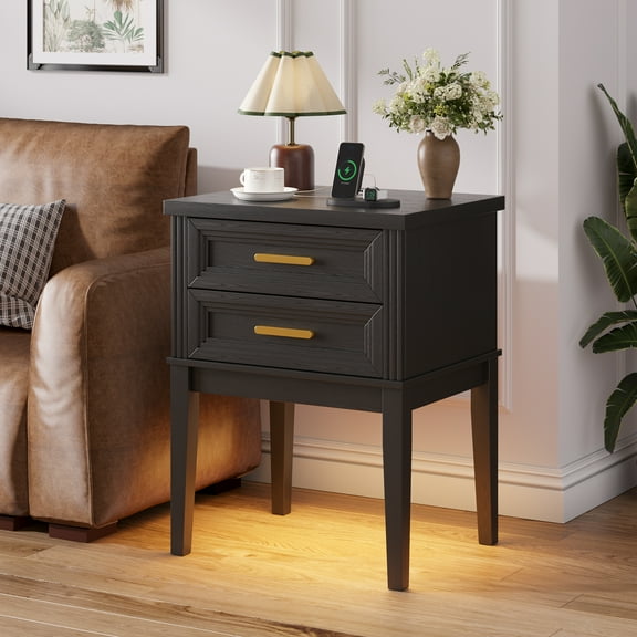 VKCC LED Nightstand with 2 Drawers & Charge Station, Modern Farmhouse Bedside Table for Bedroom Living Room, Black