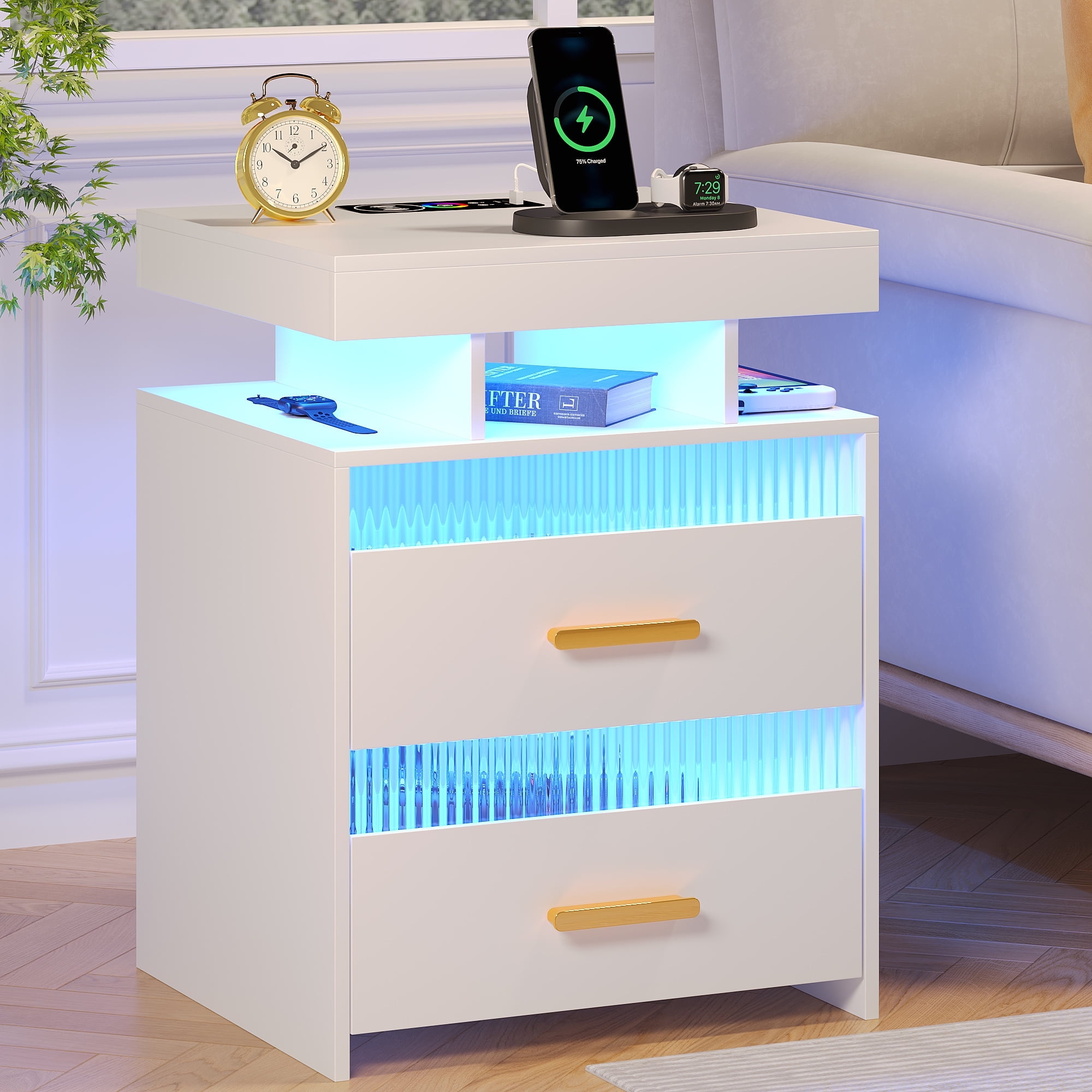 VKCC RGB LED Nightstand with 2 Drawers & Charging Station, Modern Bedside Table for Bedroom Living Room, White