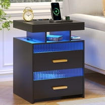 VKCC RGB LED Nightstand with 2 Drawers & Charging Station, Modern Bedside Table for Bedroom Living Room, Black