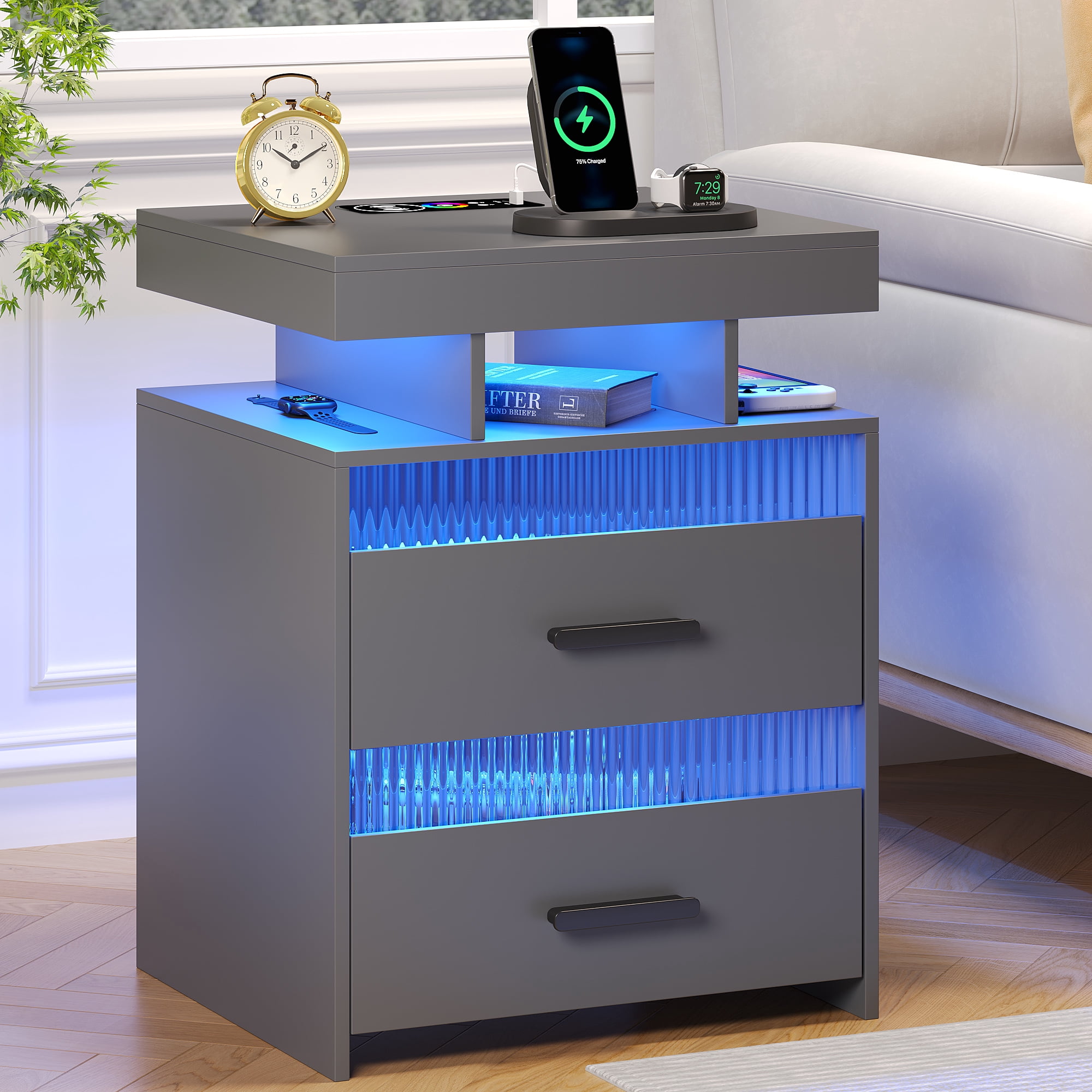 VKCC RGB LED Nightstand with 2 Drawers & Charging Station, Modern Bedside Table for Bedroom Living Room, Grey