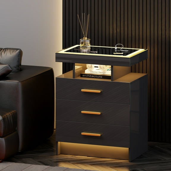 VKCC 3 Drawers LED Nightstand with Glass Top, Modern Bedside Table with Charging Station for Small Space Bedroom, Black