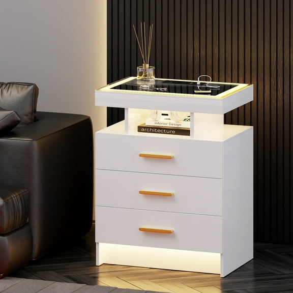 VKCC 3 Drawers LED Nightstand with Glass Top, Modern Bedside Table with Charging Station for Small Space Bedroom, White