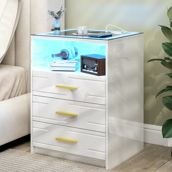 VKCC 3 Drawers Nightstand with LED, Smart Modern Bedside Table with Glass Top & Charging Station for Small Space Bedroom, White