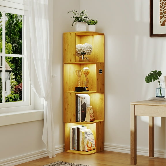 VKCC 54.6" Corner Display Shelf, 4-Tier Bookshelf with LED, Storage Cabinet for Bedroom Office, Wood
