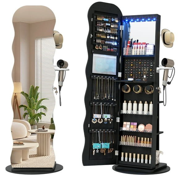 VKCC 62.5" Swivel Jewelry Cabinet, Wave Mirror & Lockable Storage Organizer Armoire, Black