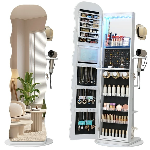 VKCC 62.5" Swivel Jewelry Cabinet, Wave Mirror & Lockable Storage Organizer Armoire, White