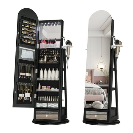 VKCC 64.1" Arched 360° Swivel Jewelry Armoire Full Length Mirror Cabinet Free Standing Organizer with 6 LED Lights, Black