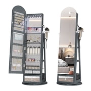 VKCC 64.1" Arched 360° Swivel Jewelry Armoire Full Length Mirror Cabinet Free Standing Organizer with 6 LED Lights, Gray