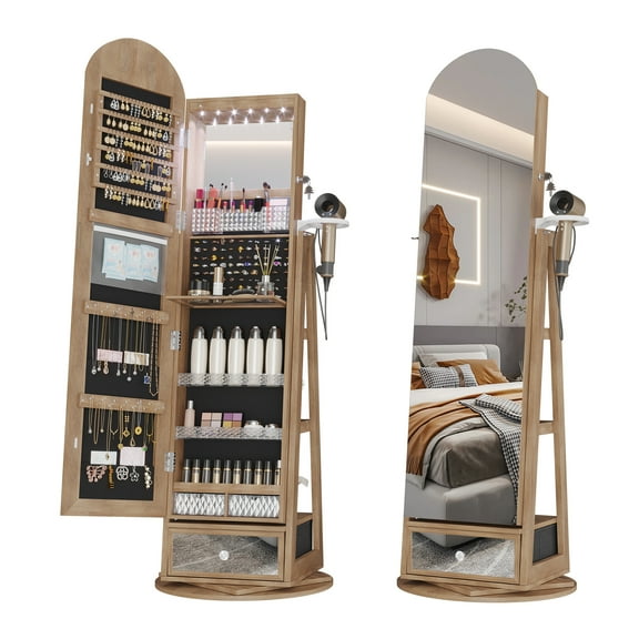 VKCC 64.1" Arched 360° Swivel Jewelry Armoire Full Length Mirror Cabinet Free Standing Organizer with 6 LED Lights, Wood