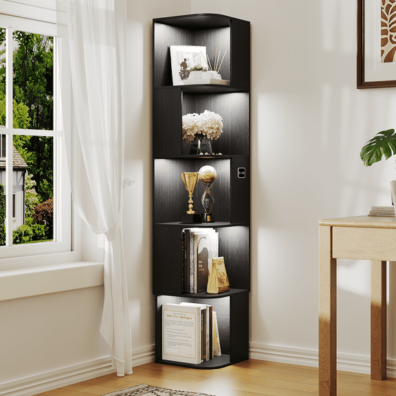 VKCC 64.8" Corner Bookshelf, Triangle Display Cabinet with LED & Wood Panels, Storage for Collectibles, Rustic Brown