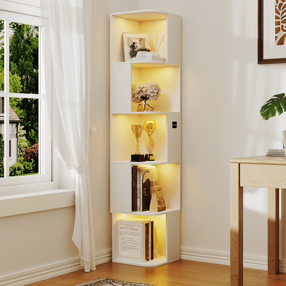 VKCC 64.8" Corner Bookshelf, Triangle Display Cabinet with LED & Wood Panels, Storage for Collectibles, White