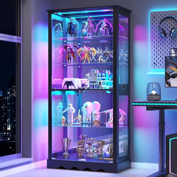 VKCC 65" LED Display Cabinet with Glass Door, Modern Lighted Curio Cabinet with Adjustable Shelves for Living Room Storage, Black