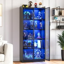 VKCC 65'' Modern LED Display Cabinet with Glass Door, Tall Storage Bookcase with Adjustable Shelves for Living Room, Black